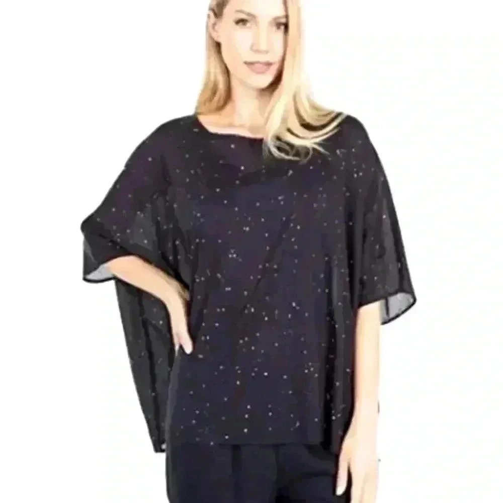 Eileen Fisher Ink Cotton Voile Splatter Polka Dot Box-top, Womens size L/XL